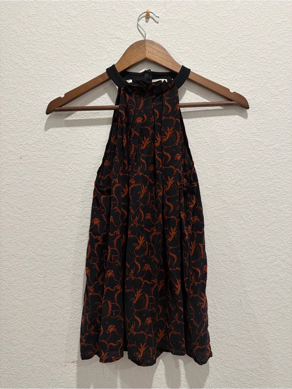 A.L.C. Mari silk halter top black rust orange floral leaf print pleated